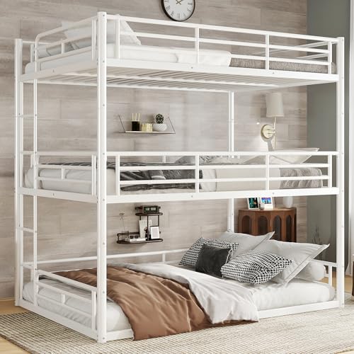 Image of Full Over Full Over Full Bunk Bed with Safety Guardrails, Modern Metal Triple Bed Frame for Kids, No Box Spring Required, White