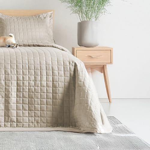 Kit Colcha Cobre Leito Casal Padrão 3 Peças, Percal 400 Fios, Dupla Face (Bege)