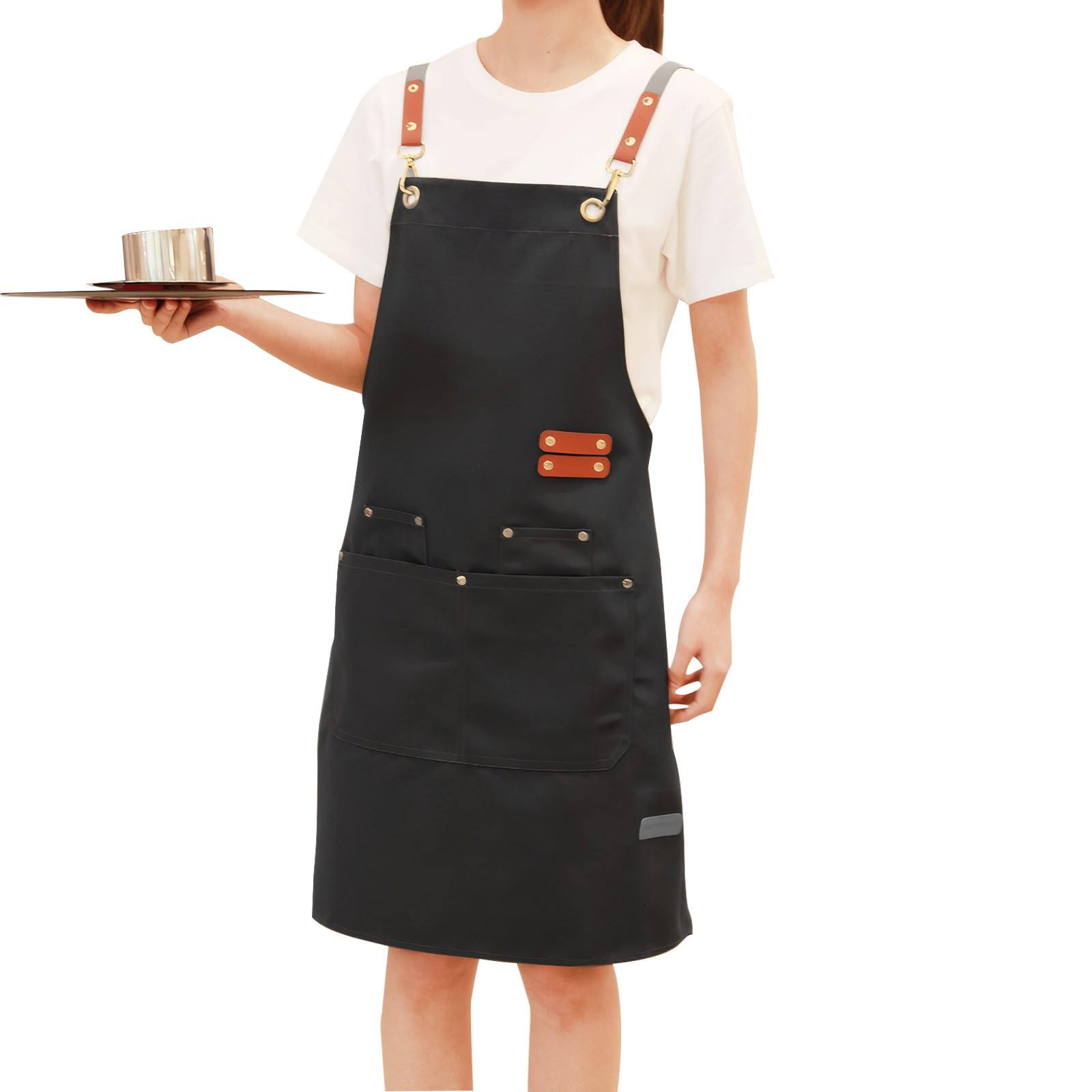 Delantal Cocina Hombre Mujer, Delantal de Trabajo Impermeable con 4 Bolsillos y Espalda Cruzadas, Delantal Camarero Negro, Delantal de Barbacoa Unisex para Cafetería Jardinería, 65x75cm