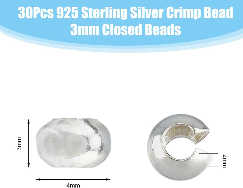 DICOSMETIC 30Pcs 925 Sterling Silver Crimp Bead Knot Covers 3mm Knot Cover Caps Covers Beads End Tip Small Knots Hide Beads Half Round Open Crimp Bead for Jewelry Making