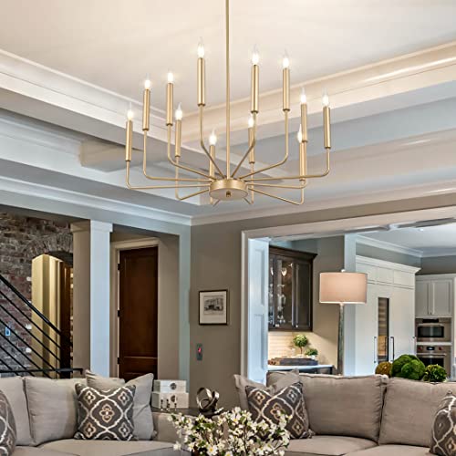 Yasince Farmhouse Gold Chandelier, Modern Rustic Dining Room Light Fixtures Over Table, Industrial Metal 12-Light Candle Chandeliers For Dining Room, Kitchen, Foyer, Entryway, Living Room, Ul Listed #TOP1