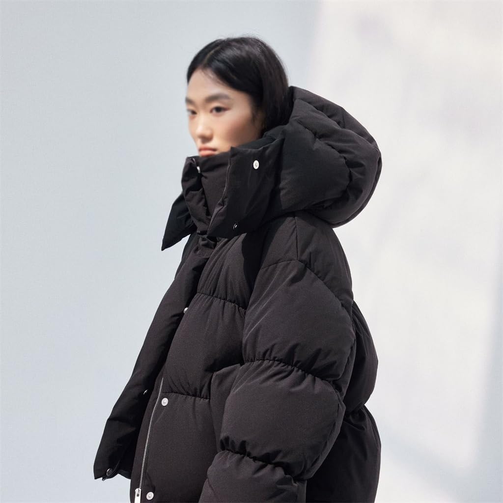 Winter Single Row Multi Button Hairless Collar Long Sleeve Loose Fit Dimensional Pleated Hooded Down Jacket