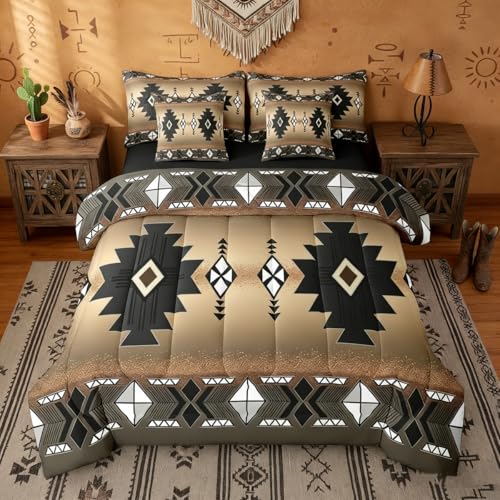 Erosebridal Boys Western Aztec Comforter Set 7 Pcs, Native Tribal Ethnic Bedding Set Queen Farmhouse Boho Geometric Sheet Sets Southwestern Ethnic American Native Bed in A Bag for Adult, Brown Black