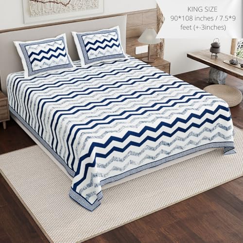 Image of Living Roots Ethnic Jaipur Block Print Double Cotton Bedsheet & 2 Pillow Covers, for Mattress Upto 6 inches Thick, No Colour Bleeding, Blue Colour, King Size 90 * 108 inches, 120TC (609-A)