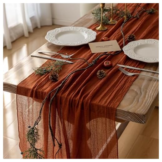 Keketo Fall Thanksgiving Table Runner Terracotta Rust Gauze 120 Inch 10 FT Rustic Burnt Orange Sheer Cheese Cloth for Bridal Shower Friendsgiving Party Centerpiece Decor Fall Decorations for Home
