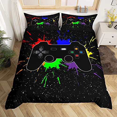 Gamer Parure de Lit 220x240cm for Boys Game Room Decor Jeu vidéo Gaming Sets de Housse de Couette Soft Kids Teens Game Controller Tie Dye Housse de Couette Black Gamepad All Season Cover