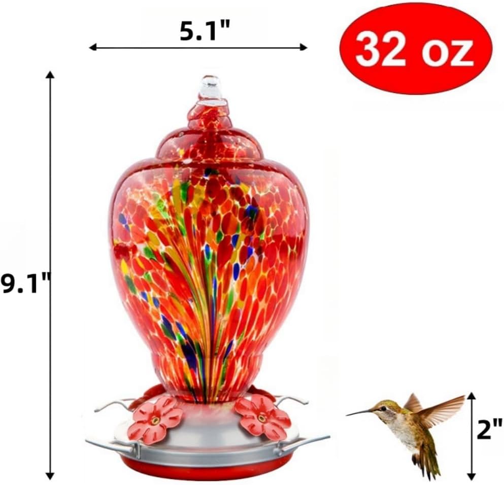 WOSIBO Hummingbird Feeder for Outdoors Patio Large 32 Ounces Colorful Hand Blown Glass Hummingbird Feeder with Ant Moat Hanging Hook, Rope, Brush and Service Card (RED-Firework) - Image 7