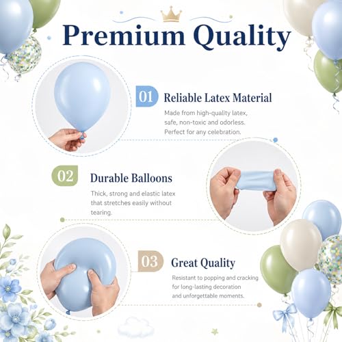 Image of Blue Green Balloons, 60 Pcs 12 Inch Dusty Blue Sage Green Ivory White Pastel Blue Balloons with Gold Confetti for Baby Shower Birthday Party Decorations