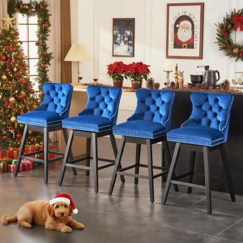 Image of Blue Swivel Bar Stools, Velvet Counter Height Bar Stools Set of 4 | 360 Swivel Bar Chairs, Solid Wood Legs, Upholstered Kitchen Island Stools, Modern Extra Wide Seat (Blue, 30 inch H, 4 Pack)