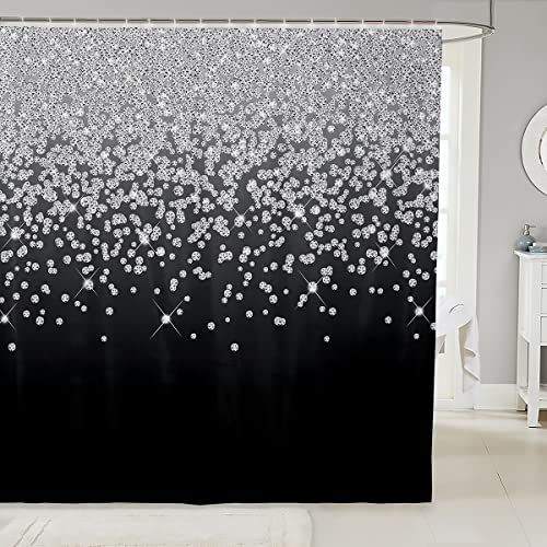 Loussiesd Silver Glitter Bath Curtain (No Glitter) Bling Partyations Shower Curtain Diamond Black Bathroom Fabric Shower Curtain Set for Stalls Bathtubs Waterproof Curtains Stalls Bathtubs 59x71 Inch