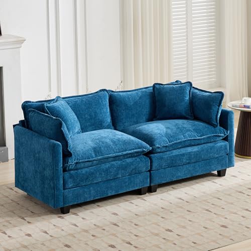 MZDOO Modular Sectional Sofa, 76.7" Comfy Chenille Cloud Couch Loveseat with Armrests and Pillow, Modern Deep Seat Sofa Couch for Living Room, Apartment (Blue, Loveseat)
