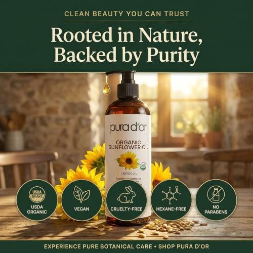 PURA D'OR USDA Certified ORGANIC 100% PURE Sunflower Seed Oil, 16 Fl Oz | Lightweight Hydration, USDA Certified, Hair Styling Oil, Face, Body Massage, DIY Beauty, Unscented, Hexane-Free, Vegan - image 3