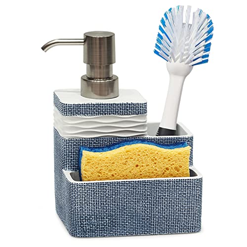 Suanti Dish Soap Dispense With Sponge&Brush Holder Kitchen Sink 3 In 1 Sponge Soap Dispenser Caddy 11Oz For Dishwashing Liquid,Dish Soap,Scrubber Eco-Friendly Resin Material&Rust Free Pump,Blue&White #TOP8