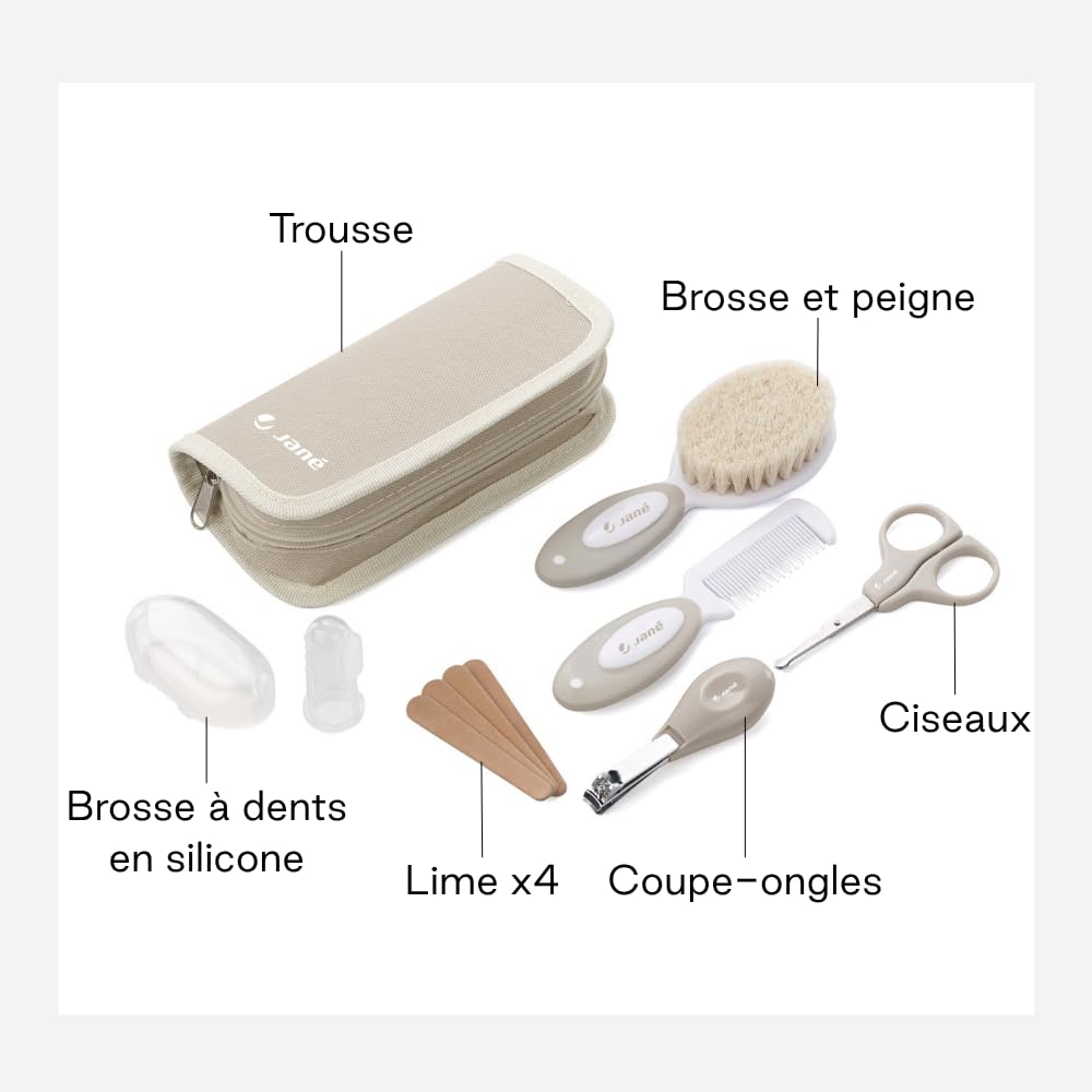Jané Kit Hygiène Bébé avec Trousse, Set Complet Nouveau-né 8 Pièces, Brosse Poils Naturels, Ciseaux, Coupe-ongles, Lime, Brosse Dentaire Silicone, Beige