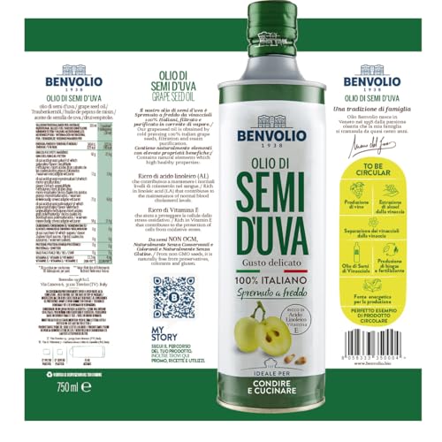 Traubenkernöl Kaltgepresst 100% Italienische - Benvolio 1938 750 ml - Reich an Vitamin E und Omega 6 Metallflasche Grapeseed Oil Cooking Oil Frittierfett Flüssig