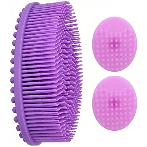 Exfoliating Silicone Body Scrubber with 2 Soft Facial Cleansing Brush, Hygienic Easy to Clean Exfoliating Brush Silicone Loofah, Massager Silicone Bath Body Brush Cover