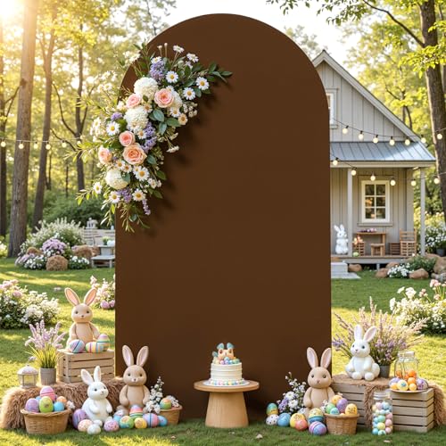 Image of Brown Arch Backdrop Cover 6.6FT Polyester Fitted Wedding Arch Stand Covers Round Top Chiara Arch Covers Stretchy Backdrop Cover for Birthday Party Ceremony Banquet Decoration
