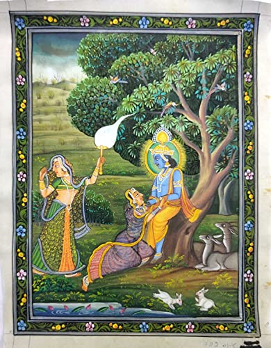 Toile de soie hindoue fait main peinture Rajasthan Radha Krishna sans cadre P4