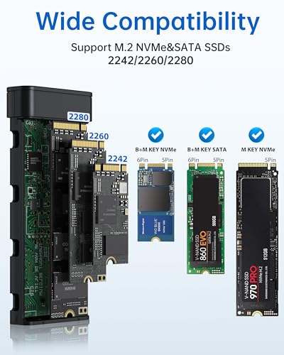 NVMe M.2 Enclosure with Cooling Fan, USB 3.2 Gen 2(10GBPS) NVMe M.2 Reader with Tool-Free, 6GBPS Sata SSD Adapter with Aluminum Case for PCIe M-Key(B+M Key) SSDs 2242/2260/2280