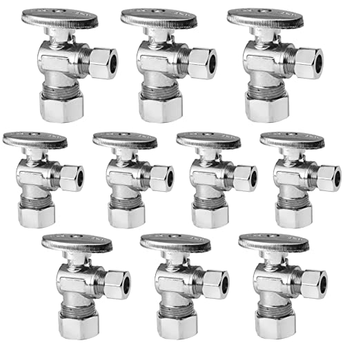 GUOFIS 10 Pack Angle Stop Valve,1/4 Turn Water Shut Off Valves,1/2' Nominal (5/8' OD) Compression Inlet x 3/8' OD Compression Outlet Shut-off Valve Plumbing(VALVE116-10Pack)