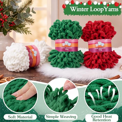 Image of Threlaco 6 Skein Christmas Loop Yarn for Finger Knitting, Red, Green, White