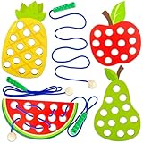 Woozettn 4 Pack Wooden Lacing Threading Toys, Fine Motor Skills Educational Puzzles, Wooden Fruit Threading Set Sorting & Stacking Toy for Toddlers Kids Ages 3–5