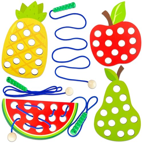 Woozettn 4 Pack Wooden Lacing Threading Toys Fine Motor Skills Educational Puzzles Wooden Fruit Threading Set Sorting & Stacking Toy for Toddlers Kids Ages 35
