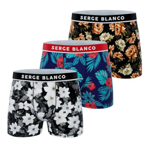 Serge Blanco Boxer Homme Fleur, Caleçon Homme Microfibre, Respirant et Ultra-Doux (Lot de 3), Bleu Taille XL