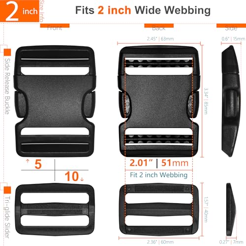 HISUNTEC Buckles Straps Set: Quick Side Release Plastic Buckles + Nylon Webbing Strap Band + Tri-glide Slide Clips