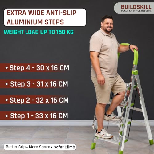 Image of BUILDSKILL Aluminium Ladder for Home 4 Steps | 33x16cm Wide Anti-Slip Aluminium Steps | Stainless Steel Body | Handrails | Load 150 Kg | Foldable Lightweight 4.75KG Ladder for Kitchen, Office & Home
