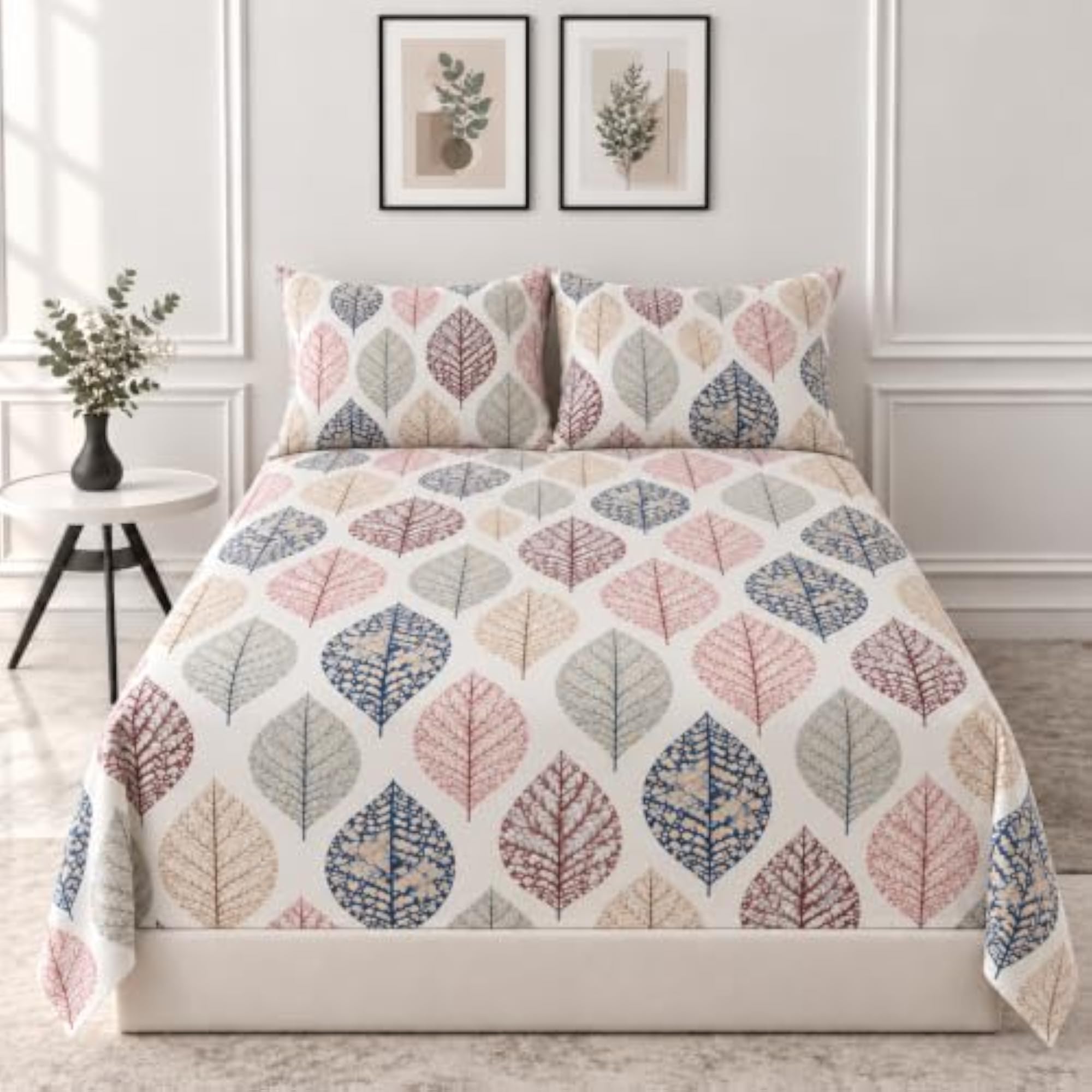 Soft Poly Cotton Floral Double Bed Bedsheet with 2 Pillow Covers