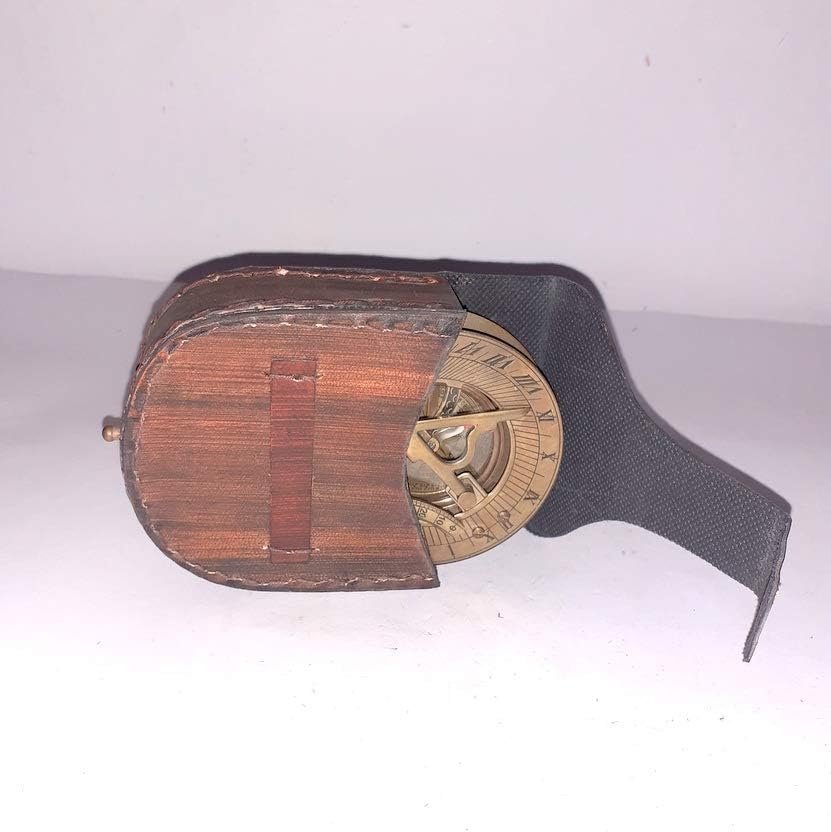 Vintage Brass Sundial Compass with Lather Case - Directional Magnetic Compass for Navigation/Sundial Pocket Compass