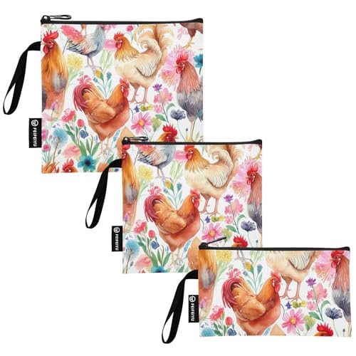 RPLIFE Bolsas reutilizables para sándwiches y aperitivos con estampado de pollos coloridos, bolsas de almuerzo con cremallera, lavables para estudiantes (paquete de 3: S/M/L)