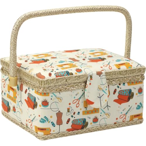 Keuyeo Cestino Cucito con Manico Pieghevole, Scatola Porta Aghi per Filo Artigianale in Tessuto Domestico, Cestino Organizer per Cucito di Grande capacità