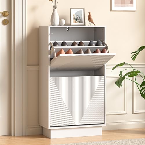 UEV Slim Shoe Cabinet with 2 Flip Drawers, Carved Line Fronts, Narrow Storage Unit with Anti-Tip Design for Hallway, Living Room or Bedroom, White