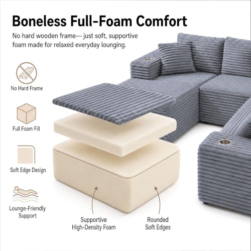 Image of 122 inch Oversized Cloud Sectional Couch for Living Room, 7 Seater U Shaped Sofa Modular Boneless Couch with Chaise | Deep Seater | Cup Holder | Side Pocket | No Assembly | Plus Corduroy, Light Gray