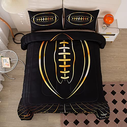 MWMWMW Football Comforter Set Full, Full Size Comforter Set for Boys, Black and Gold Sports Bedding Set for Boys Girls Teens, 3-Pieces Ultra Soft Football Bedding with 2 Matching Pillowcases by MWMWMW - Used condition - Image 2