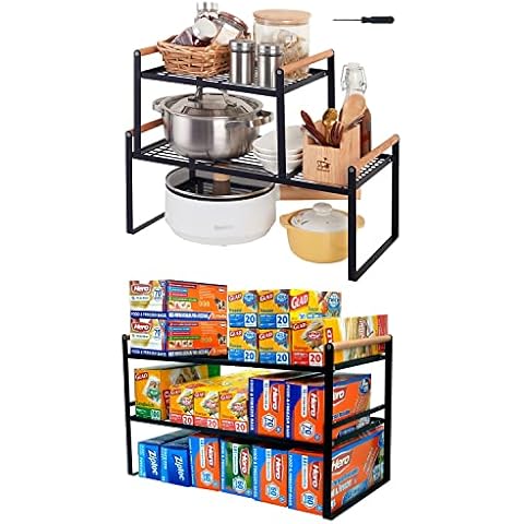 DOTORYDESIGN 2Tier Space Organize (17.8") + 2Pack Stackable Wide Countertop Organizer (Black) Cover
