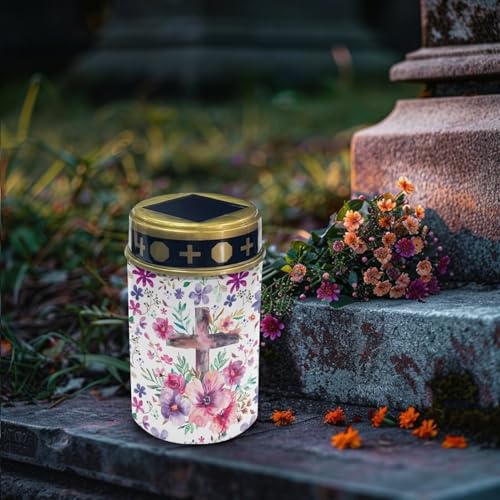 Image of Cross Flower Print Cemetery Solar Light for Grave Outdoor - Waterproof Garden Decor LED Electronic Candle Night Light