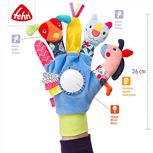 Fehn Spielhandschuh Color Friends – Fingerpuppen Baby Spielzeug Hund, Katze und Pferd zum Greifen & Geräusche erzeugen – Handpuppen für Babys ab 0+ Monaten - Puppenhandschuh mit Rassel & Quietsche