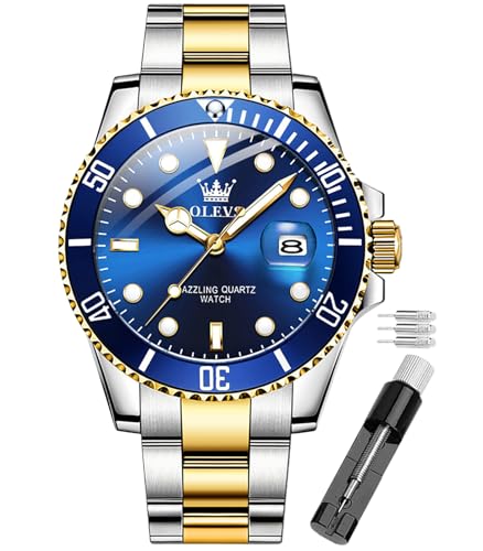 OLEVS Reloj para Hombre, Resistente al Agua, Esfera Azul, Reloj de Pulsera de Lujo de Acero Inoxidable de Dos Tonos con Fecha de día, Reloj de Cuarzo clásico Deportivo clásico de Moda