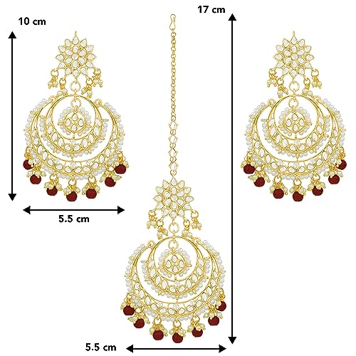 Image of Peora Traditional Jewellery Rhodium Kundan & Pearl Maang Tikka Earring Set for Women Girls