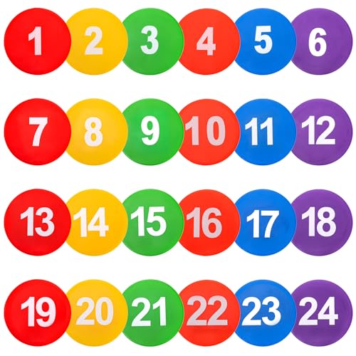 Okllen 24 Pack Poly Vinyl Spot Markers, 9 Inch/23CM Floor Dots Non-Slip Rubber Agility Dots, Flat Field Cones Circles for Training, Exercise Drills, Gym, Football, Basketball, 6 Colors