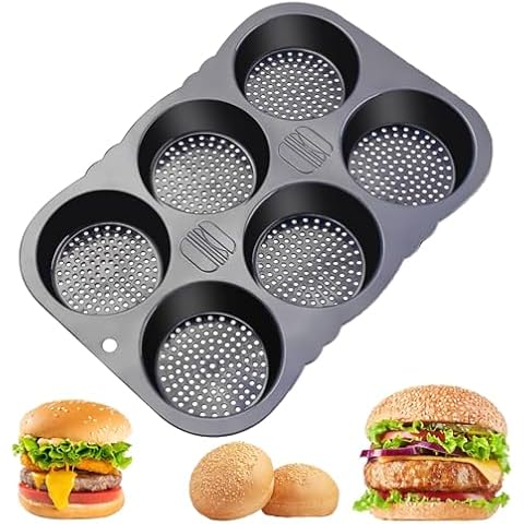 MUJUZE Hamburger Bun Pan, 6 Cavity Hamburger Bun Pans for Baking, Nonstick & Heat Resistant Burger Bun Mold, Homemade Burger Bun Mold for Hamburger Bun, Silicone Hamburger Bun Pan Cover