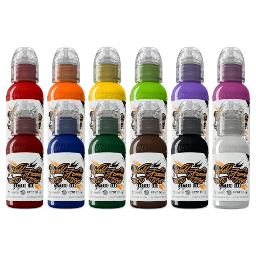 World Famous Tattoo Ink - 12 Primary Color Tattoo Kit #1 - Professional Tattoo Ink in Color Assortment Includes White Tattoo Ink - Skin-Safe Permanent Tattooing - Vegan & Non-Toxic (1 oz Each)