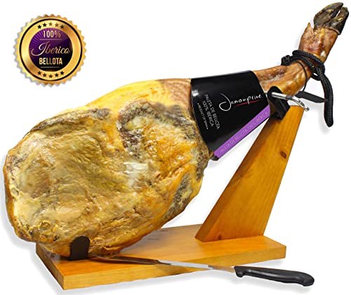 Iberico Ham Acorn-Fed Bellota 100% Pure Breed (Shoulder) Bone In From Spain + Ham Stand + Knife + Ham Cover + Ham Tongs - Jamon 100% Iberico De Bellota Pata Negra (Paleta Iberica) #TOP2