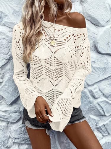 Allimy Womens 2024 Long Sleeve Sheer Hollow Out Crochet Crewneck Pointelle Knitted Sweaters Pullovers Tops Beige L thumb #1