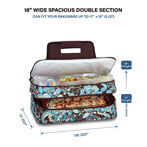 Picnic Plus 18” Casserole Carrier 2 Level Thermal Insulated Hot and Cold Food Carrier Double Layer Food Carrier Bag Potluck Carrier With Bonus Containers (Cocoa Cosmos)