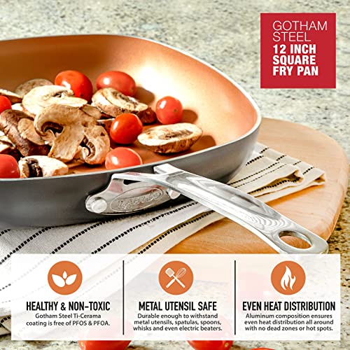 Gotham Steel Non Stick Frying Pan, 12” Square Ceramic Frying Pan Nonstick, Long Lasting Nonstick Cooking Pan, Induction Frying Pan, Egg Pan, Stay Cool Handle, Dishwasher & Oven Safe, 100% Toxin Free…… #TOP1
