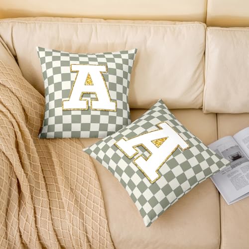 Image of Erosebridal Sage Green Checkered Throw Pillow Covers 22x22 Set of 2 Plaid Initial A Pillow Covers Personalized Monogram Cushion Cover Fashion Grids Gingham Pillow Cases for Couch Sofa